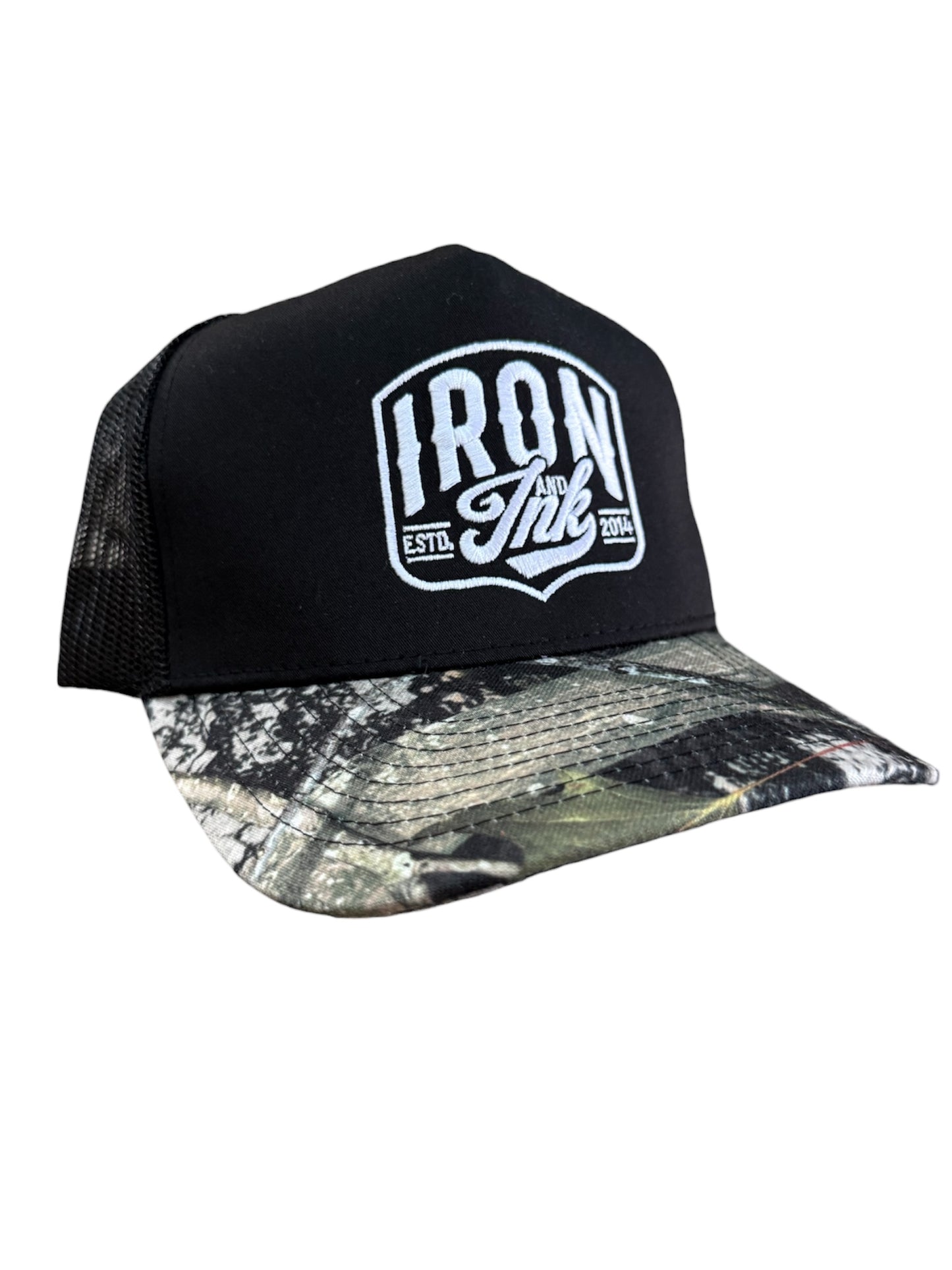 New black and camo curved bill- font trucker hat