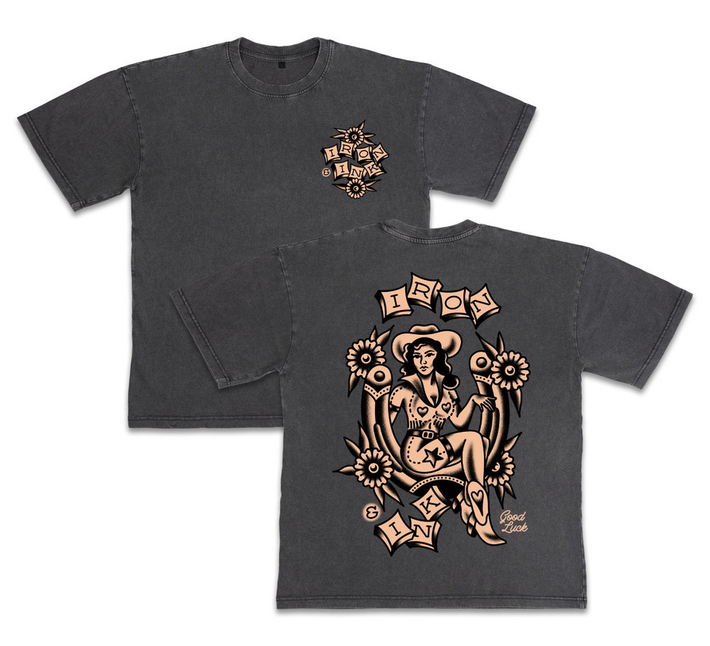 New "Good Luck" shirt- oversized tee in Acid wash grey