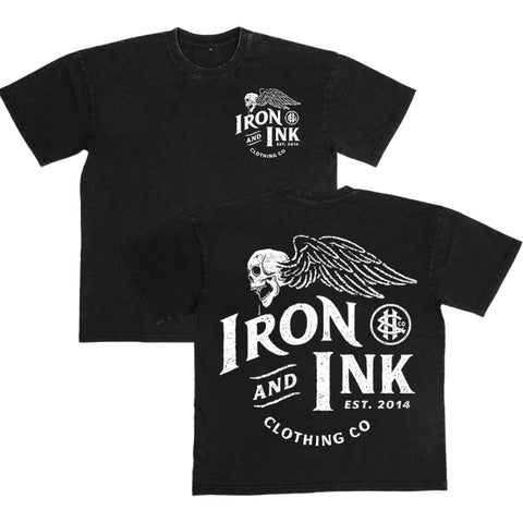 "Flying skull" oversized heavy wt shirt-Acid wash Black