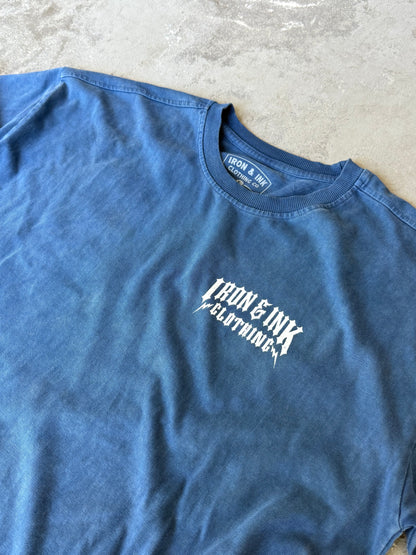 New "bolt font" garment dyed shirt- Cobalt blue