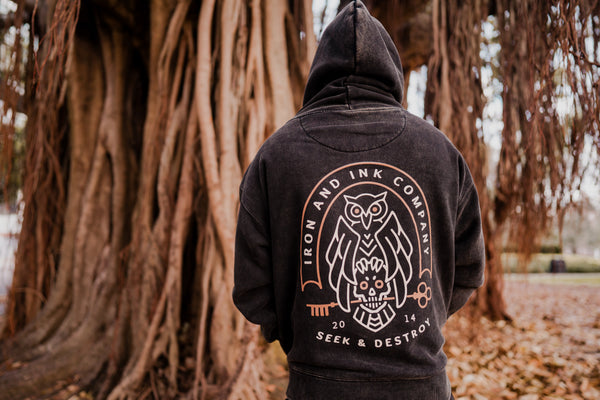 New "Seek and Destroy" heavy wt acid wash hoodie-Black