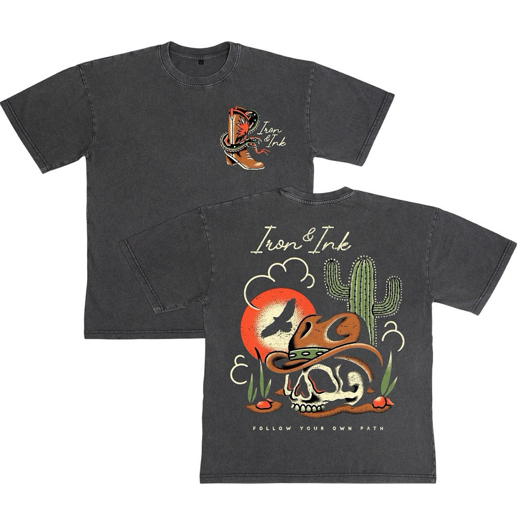 New "Tatted Cowboy" oversized heavy wt shirt- Acid wash grey