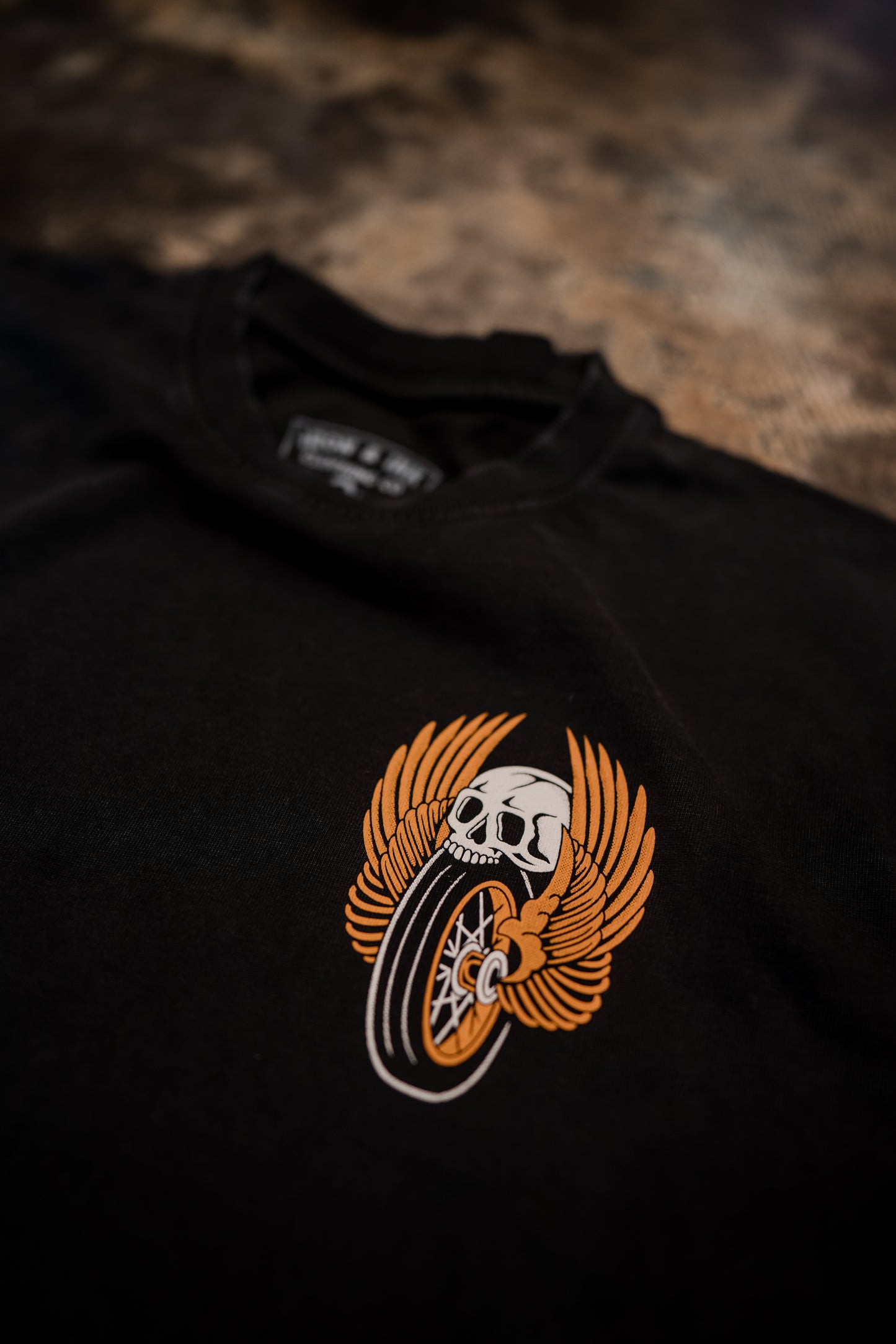 "Moto Skull" oversized heavy wt shirt- black acid wash