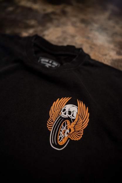 "Moto Skull" oversized heavy wt shirt- black acid wash