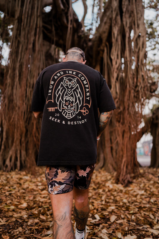 "seek and destroy" oversized heavy wt shirt-acid wash black