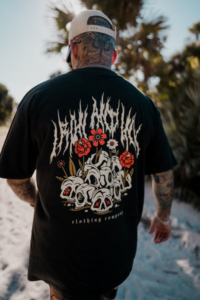 New "Flower Skulls" oversized heavy wt shirt-Black garment dyed