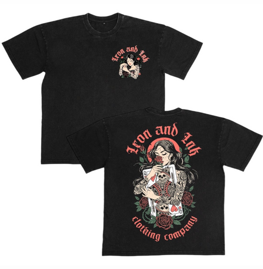 BF exclusive New "Queen of hearts" shirt- Acid wash black