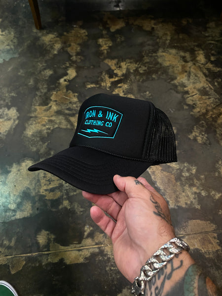 New Vintage foam trucker hat- black and blue