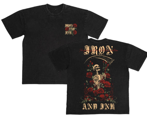 Pre-Order New "skull roses" shirt-acid wash black oversized