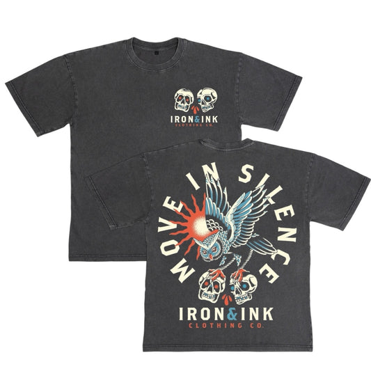 Restocked "Move In Silence" oversized heavy wt shirt-acid wash grey