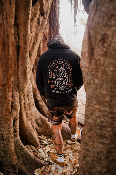 New "Seek and Destroy" heavy wt acid wash hoodie-Black