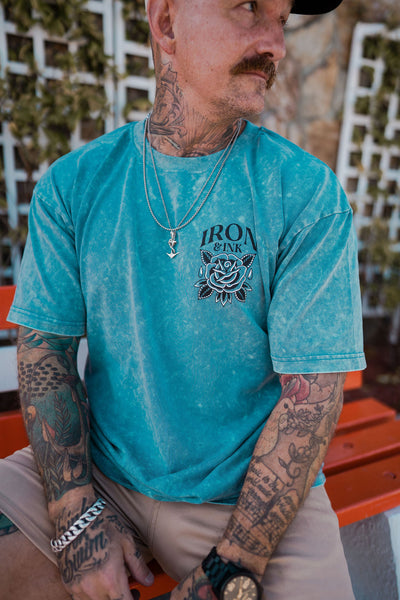 New "Tatted Angel"-Heavy wt oversized Acid wash-Denim Blue