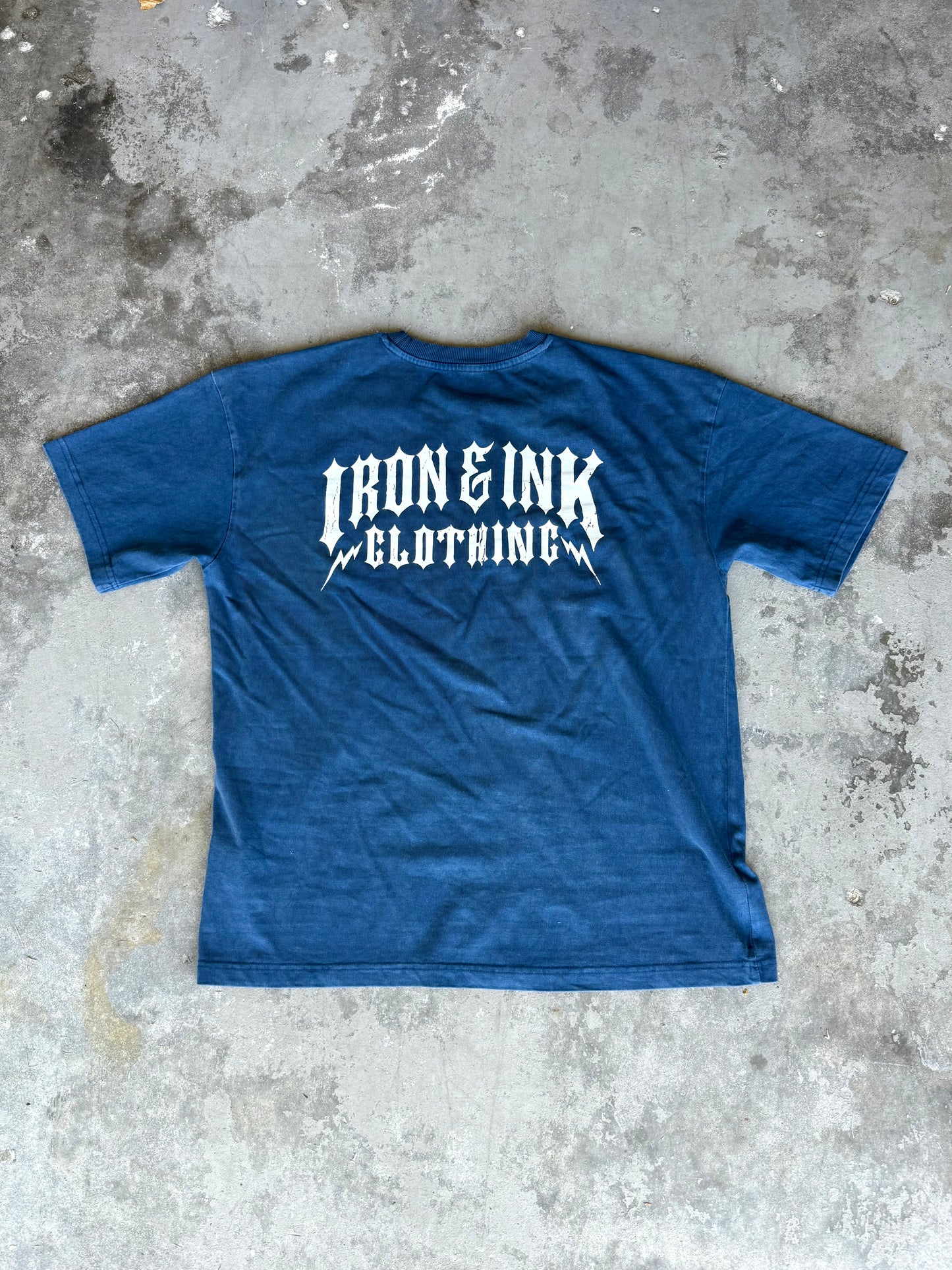 New "bolt font" garment dyed shirt- Cobalt blue