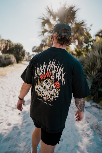 New "Flower Skulls" oversized heavy wt shirt-Black garment dyed