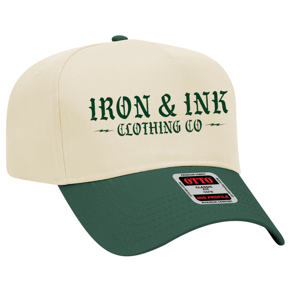 New "Goth Font" two tone SnapBack- tan and pine green