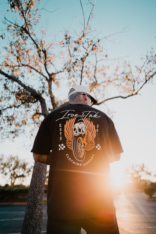 "Moto Skull" oversized heavy wt shirt- black acid wash