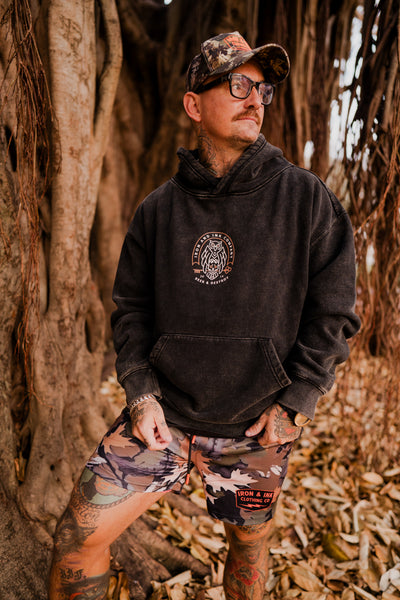 New "Seek and Destroy" heavy wt acid wash hoodie-Black