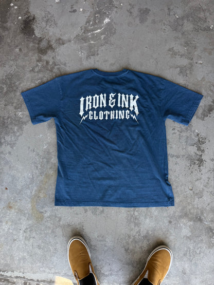 New "bolt font" garment dyed shirt- Cobalt blue