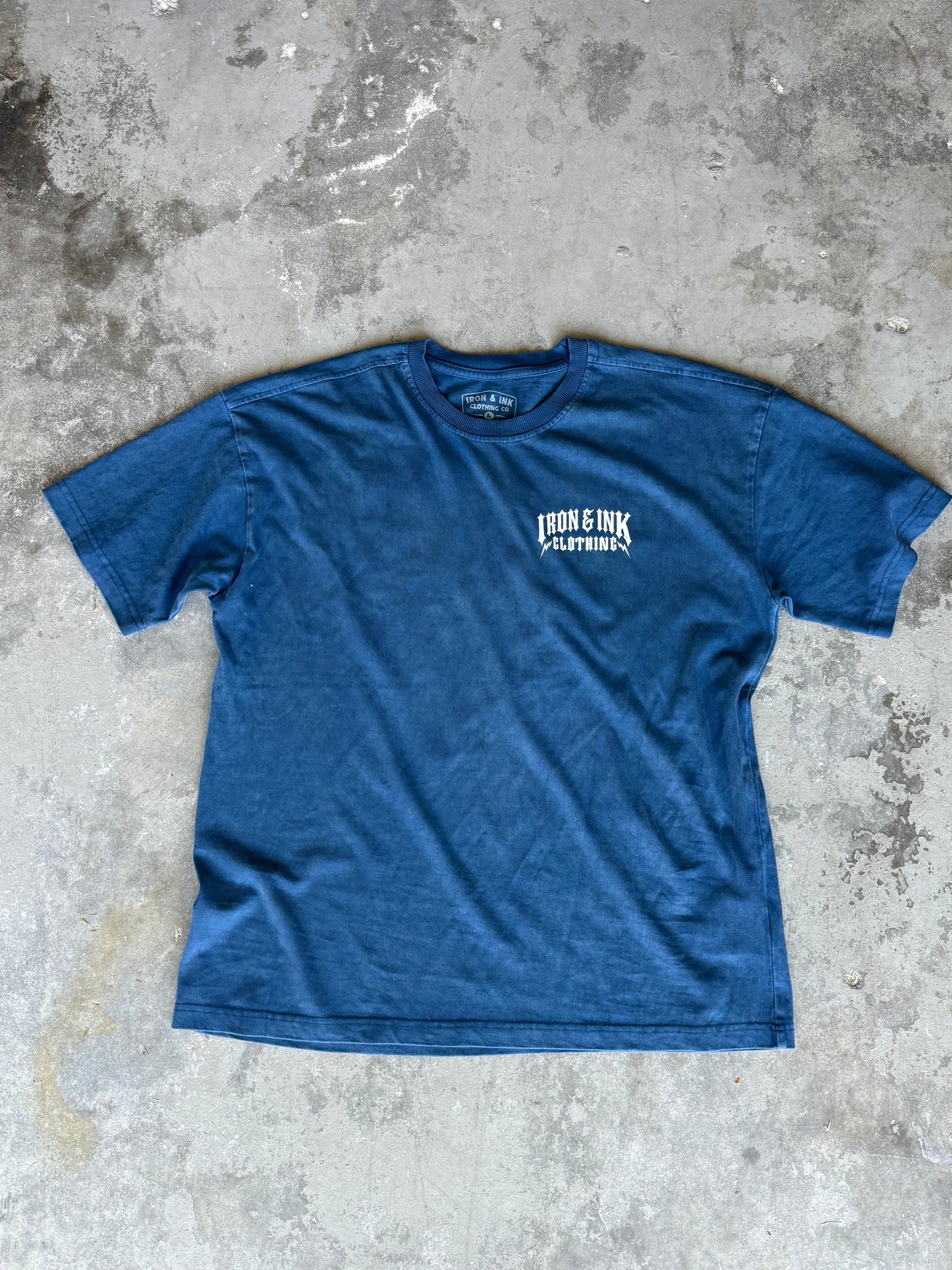 New "bolt font" garment dyed shirt- Cobalt blue