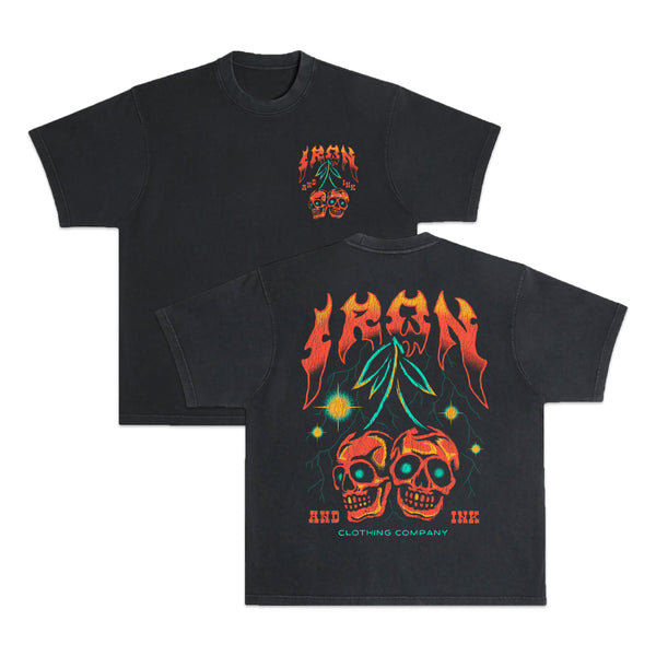 New "Cherry Bomb" oversized heavy Wt shirt- Black acid wash