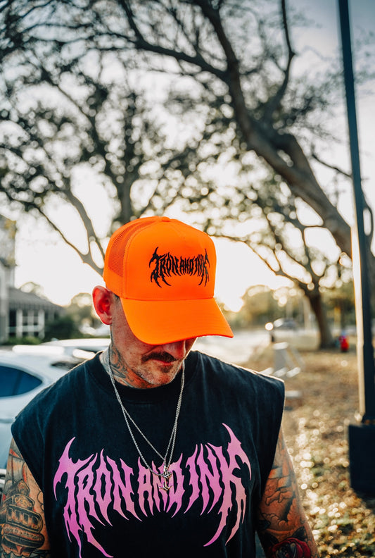 New metal blaze Orange trucker hat