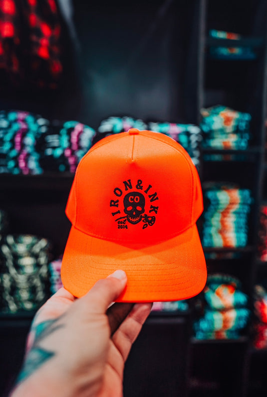 New "skull rose" blaze orange trucker