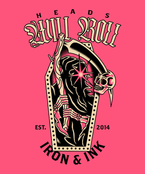 New "Heads Will Roll" oversized heavy wt shirt- red acid wash
