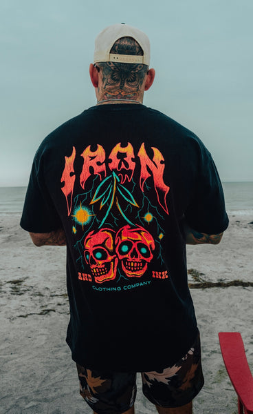 New "Cherry Bomb" oversized heavy Wt shirt- Black acid wash