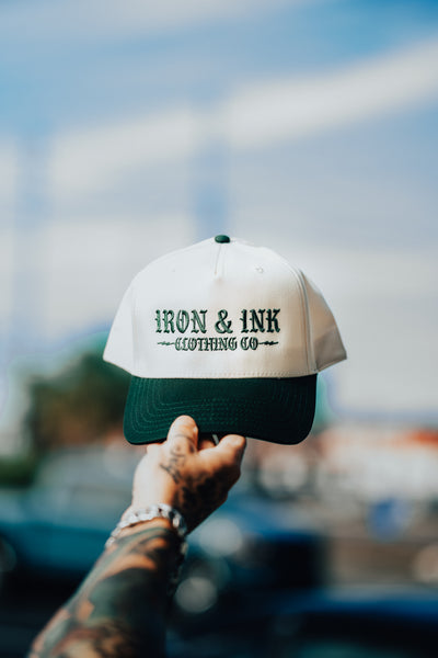 New "Goth Font" two tone SnapBack- tan and pine green