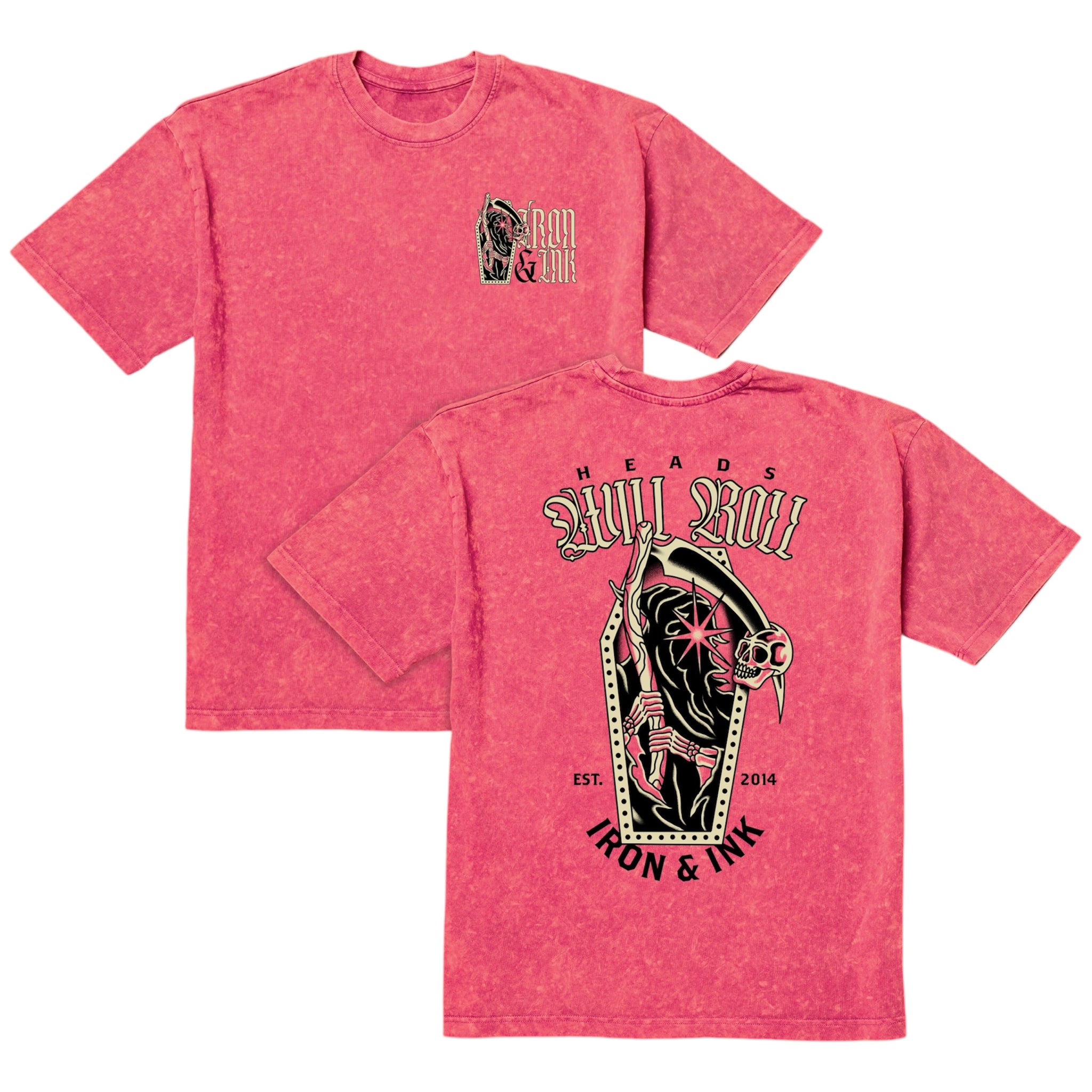 New "Heads Will Roll" oversized heavy wt shirt- red acid wash