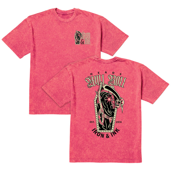 New "Heads Will Roll" oversized heavy wt shirt- red acid wash