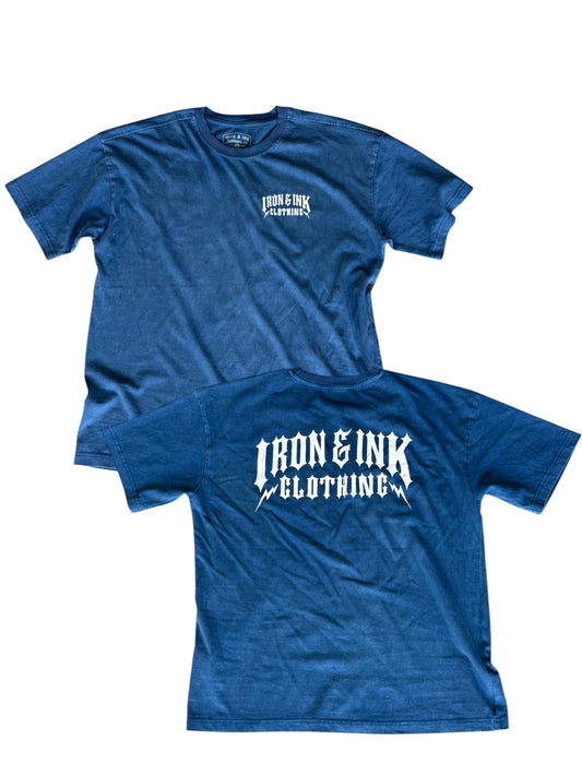 New "bolt font" garment dyed shirt- Cobalt blue