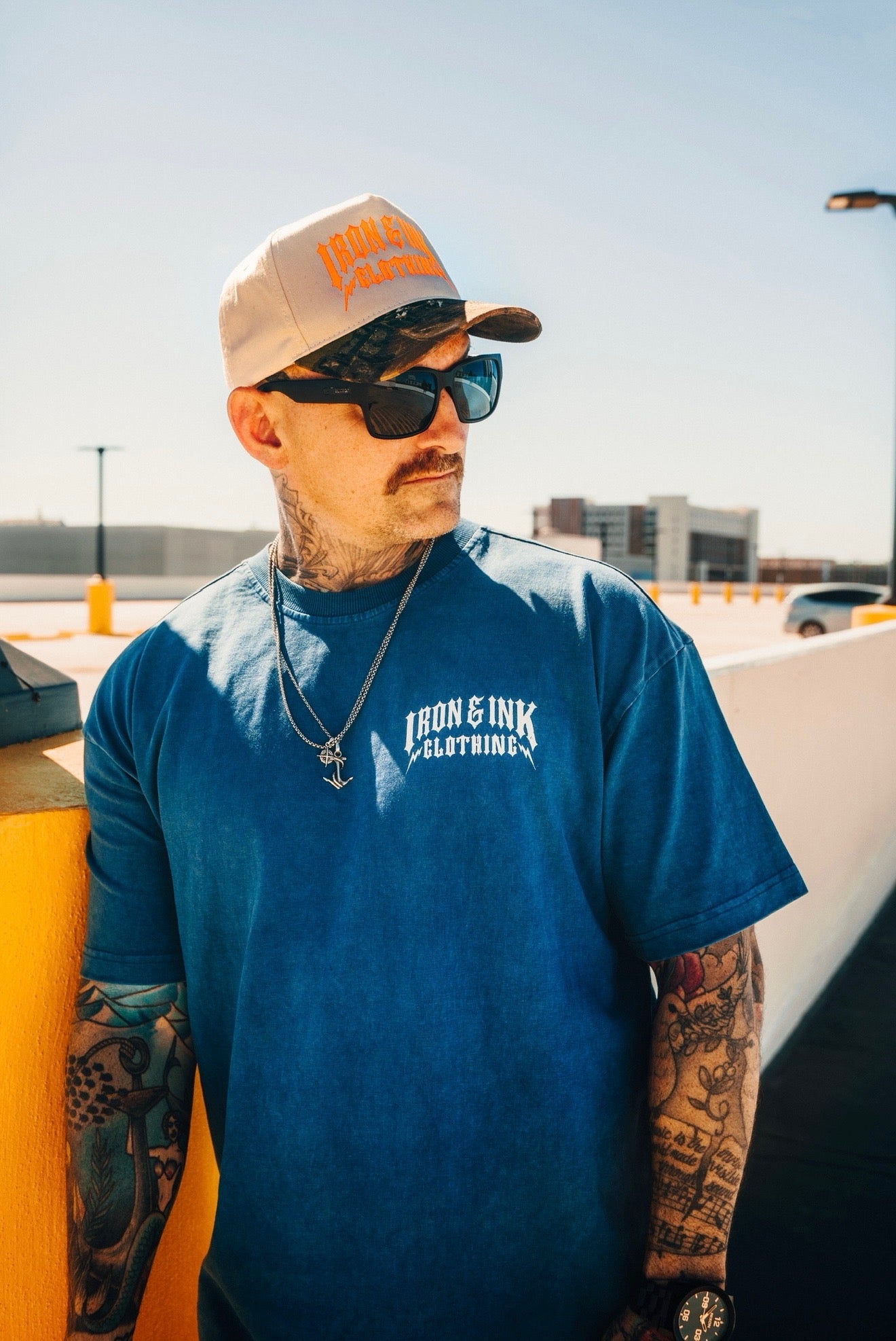 New "bolt font" garment dyed shirt- Cobalt blue