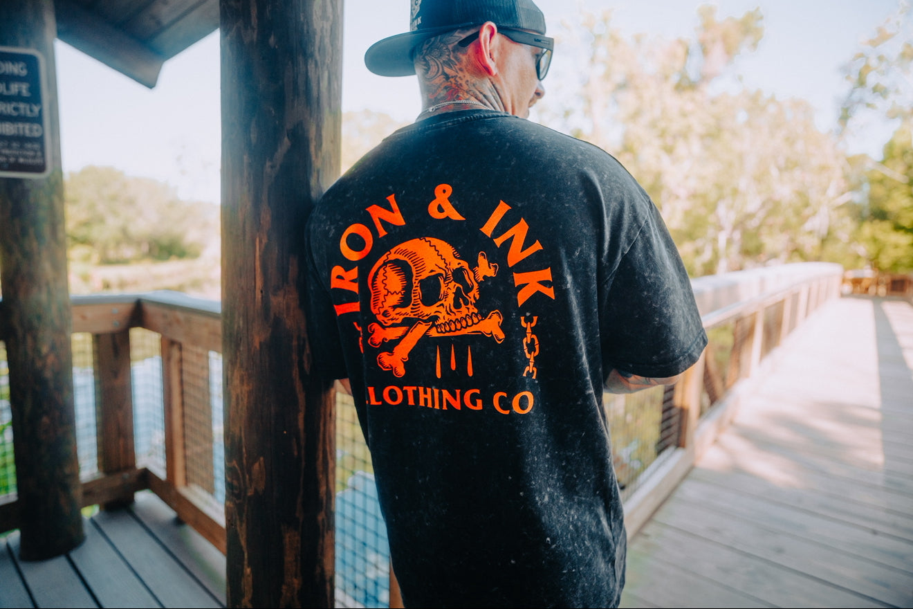 Halloween skull and bones shirt- black acid washed