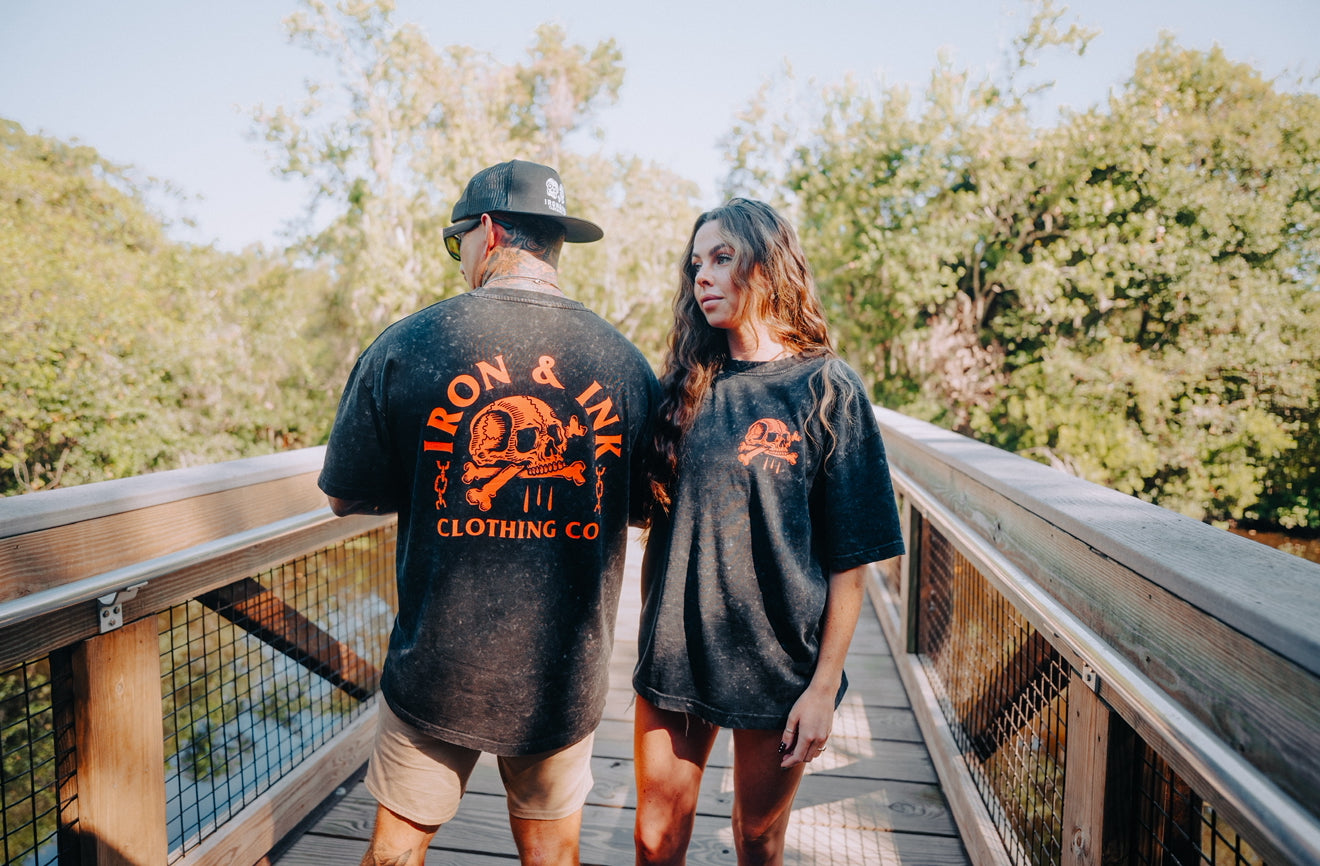 Halloween skull and bones shirt- black acid washed