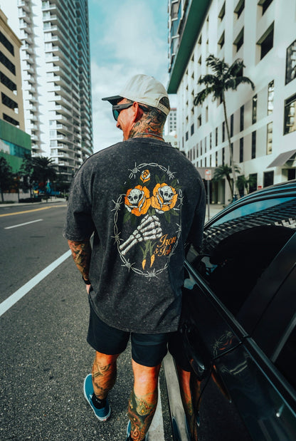 New "Dark Bloom" shirt- oversized Tee in Acid wash grey