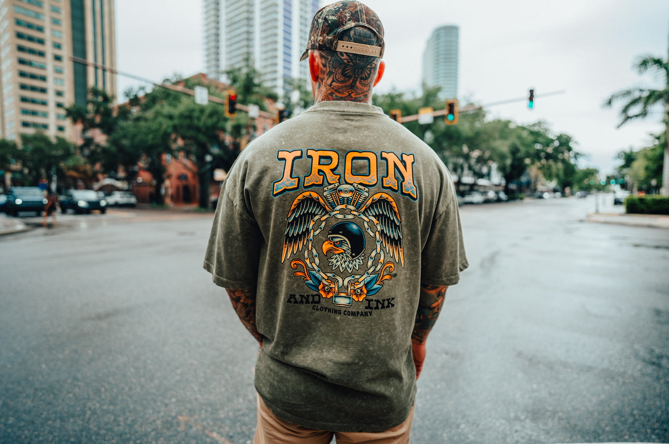 "New" moto eagle shirt- acid wash green oversized