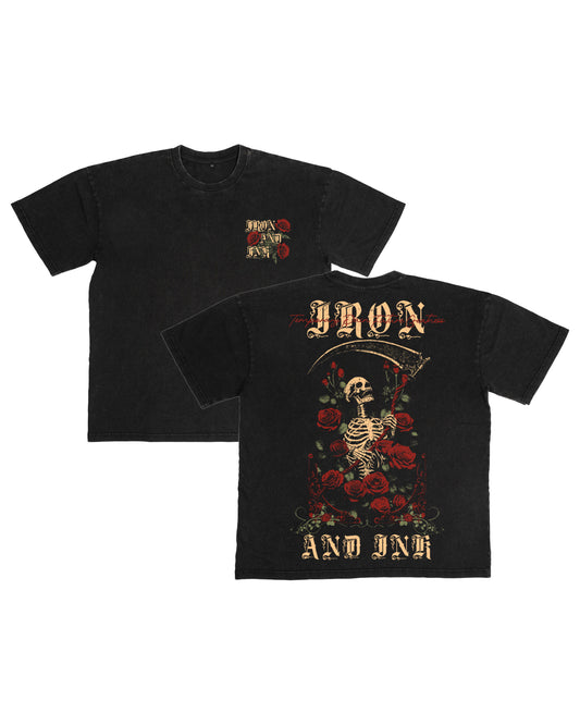 New "skull roses" shirt-acid wash black oversized