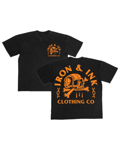 Halloween skull and bones shirt- black acid washed