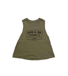 Ladies Future Greatness Racerback Crop Tank Top- Heather Olive Green