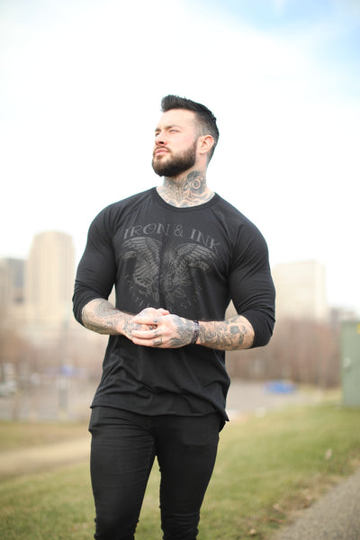 “EXCLUSIVE” Eagle and Rose Unisex 3/4 Raglan- Black/Black