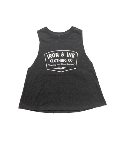 Ladies Future Greatness Racerback Crop Tank Top- Heather Dark Grey