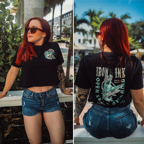 shark/skull ladies crop top- Black