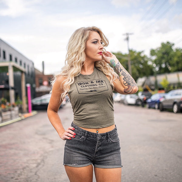 Ladies Future Greatness Racerback Crop Tank Top- Heather Olive Green